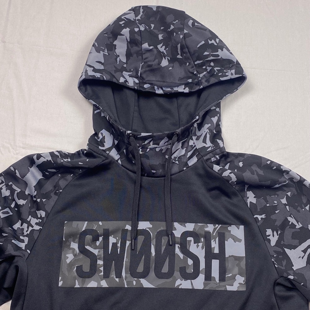 Nike Therma-FIT Hoodie Pullover Mens Small Black Gray Camo Swoosh Athletic
